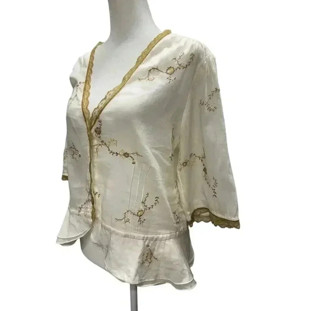 Feminine Light Cotton Deep V Short Sleeve Embroidered Button Closure Scalloped - Picture 2 of 15